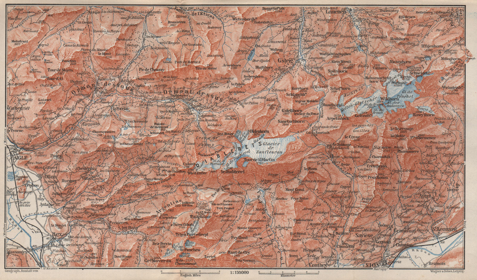 AIGLE DISTRICT.Les Diablerets Villars Gryon Leysin Les Mosses Ormont 1897 map